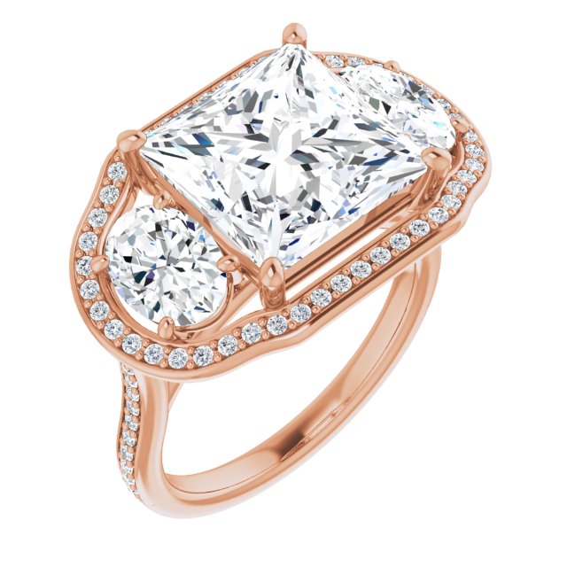 10K Rose Gold Customizable Princess/Square Cut Style with Oval Cut Accents, 3-stone Halo & Thin Shared Prong Band