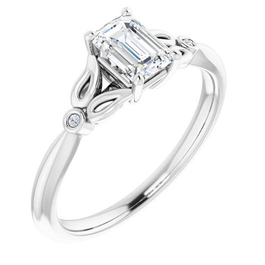 10K White Gold Customizable 3-stone Emerald/Radiant Cut Design with Thin Band and Twin Round Bezel Side Stones