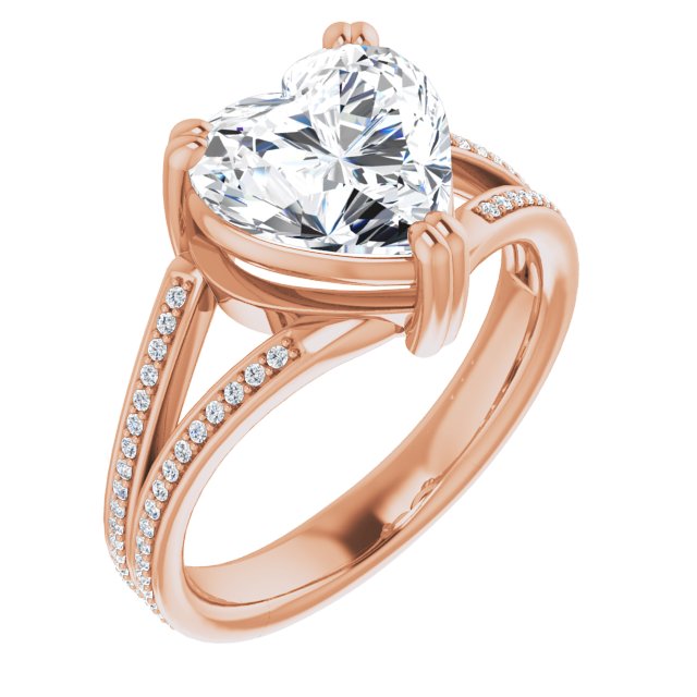 10K Rose Gold Customizable Heart Cut Center with 100-stone* "Waterfall" Pavé Split Band