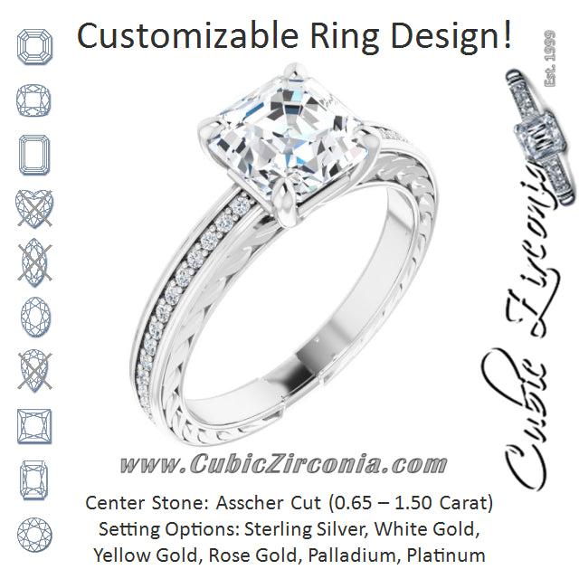 Cubic Zirconia Engagement Ring- The Angie (Customizable Asscher Cut Design with Rope-Filigree Hammered Inlay & Round Channel Accents)