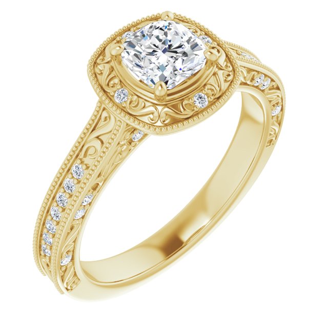10K Yellow Gold Customizable Vintage Artisan Cushion Cut Design with 3-Sided Filigree and Side Inlay Accent Enhancements