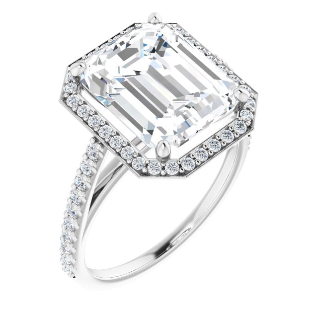 10K White Gold Customizable Emerald/Radiant Cut Design with Halo and Thin Pavé Band