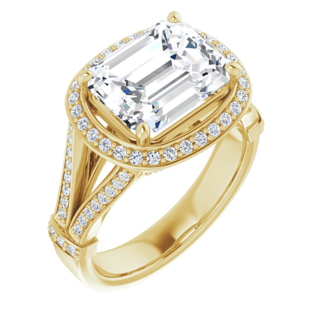10K Yellow Gold Customizable Emerald/Radiant Cut Setting with Halo, Under-Halo Trellis Accents and Accented Split Band