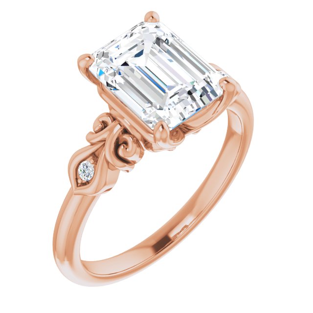 10K Rose Gold Customizable 3-stone Emerald/Radiant Cut Design with Small Round Accents and Filigree