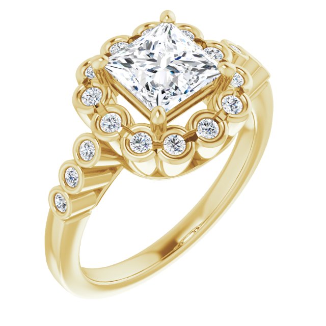 10K Yellow Gold Customizable Princess/Square Cut Design with Round-bezel Halo and Band Accents