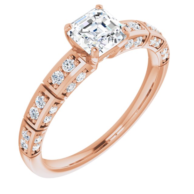10K Rose Gold Customizable Asscher Cut Style with Three-sided, Segmented Shared Prong Band