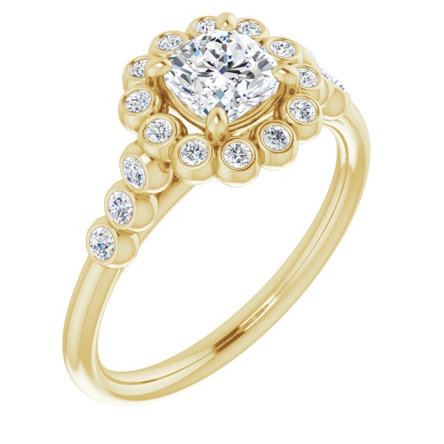10K Yellow Gold Customizable Cushion Cut Cathedral-Style Clustered Halo Design with Round Bezel Accents