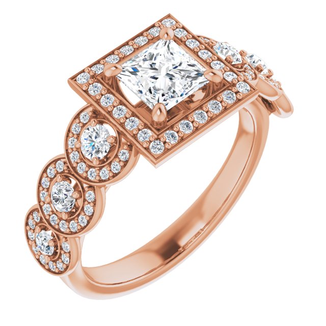 10K Rose Gold Customizable Cathedral-set Princess/Square Cut 7-stone style Enhanced with 7 Halos