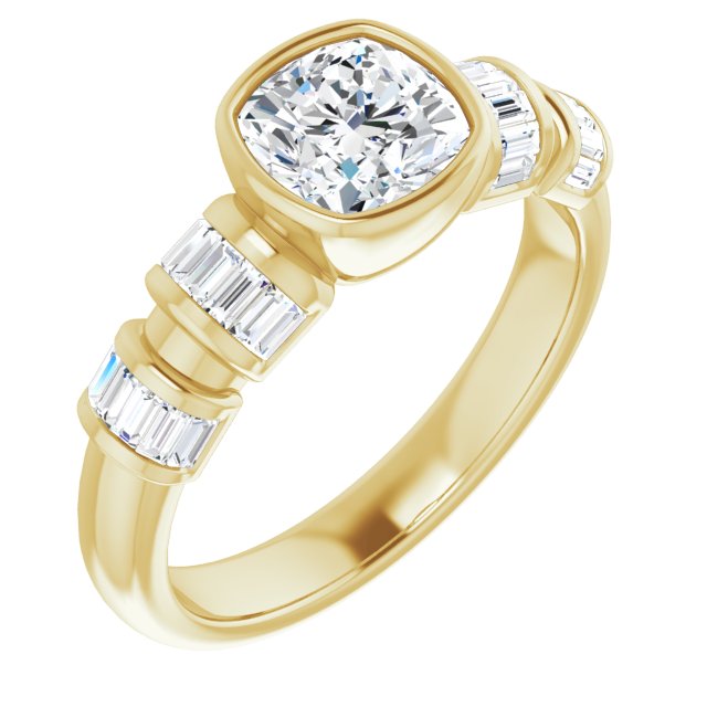 10K Yellow Gold Customizable Bezel-set Cushion Cut Design with Quad Horizontal Band Sleeves of Baguette Accents