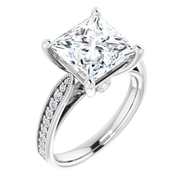 10K White Gold Customizable Princess/Square Cut Style featuring Milgrained Shared Prong Band & Dual Peekaboos