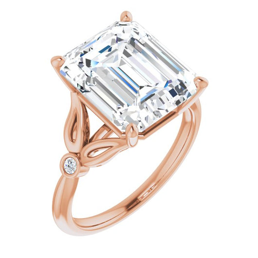 10K Rose Gold Customizable 3-stone Emerald/Radiant Cut Design with Thin Band and Twin Round Bezel Side Stones