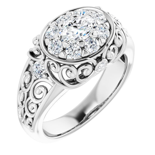 Cubic Zirconia Engagement Ring- The Vanessa (Customizable Oval Cut Halo Style with Round Prong Side Stones and Intricate Metalwork)