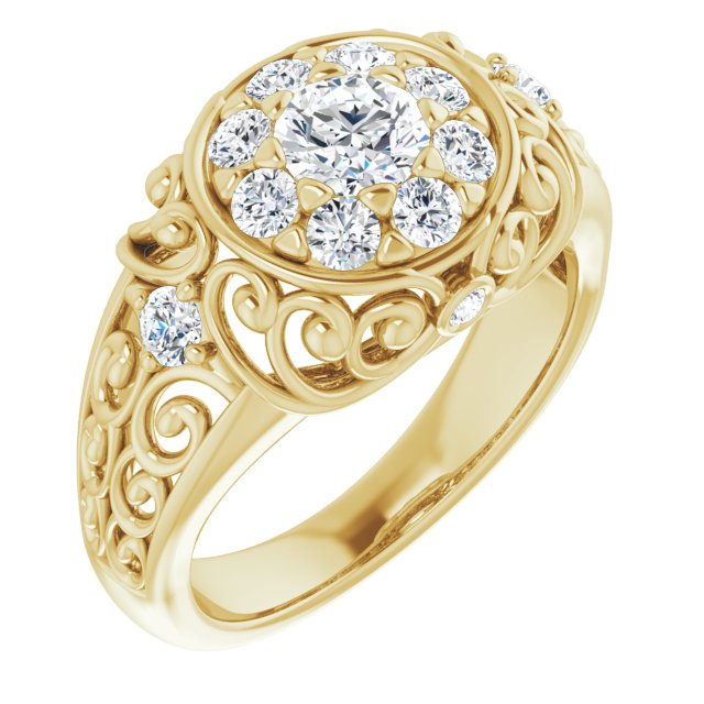 10K Yellow Gold Customizable Round Cut Halo Style with Round Prong Side Stones and Intricate Metalwork