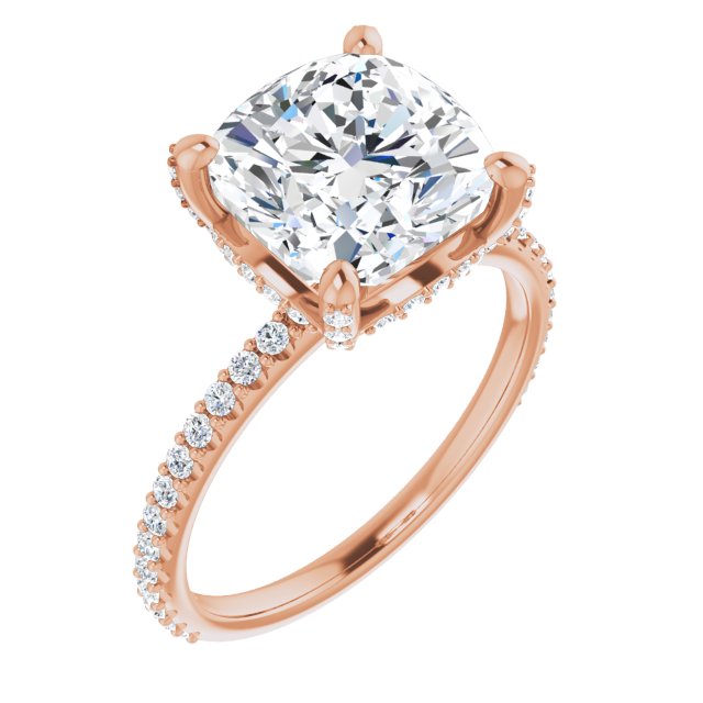 10K Rose Gold Customizable Cushion Cut Design with Round-Accented Band, Micropav? Under-Halo and Decorative Prong Accents)