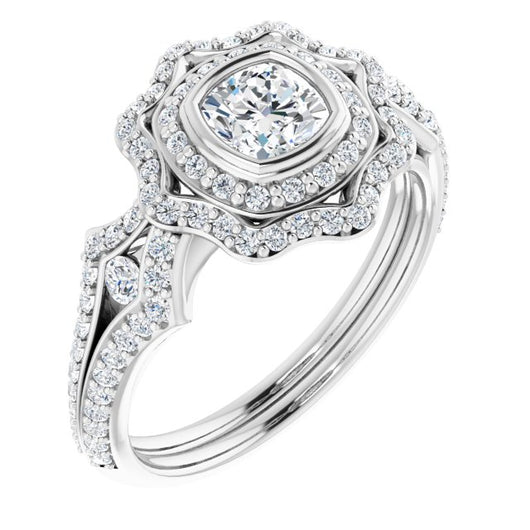 10K White Gold Customizable Cushion Cut Style with Ultra-wide Pavé Split-Band and Nature-Inspired Double Halo