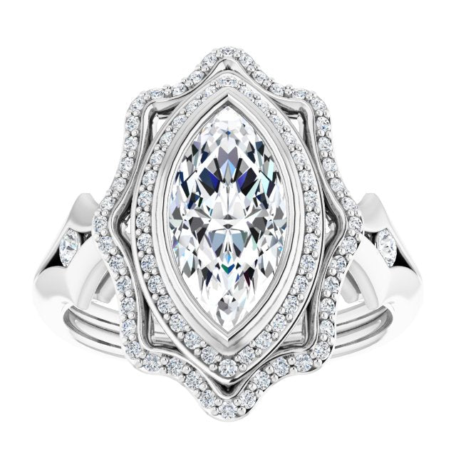 Cubic Zirconia Engagement Ring- The Cyra (Customizable Cathedral-bezel Marquise Cut Design with Floral Double Halo and Channel-Accented Split Band)