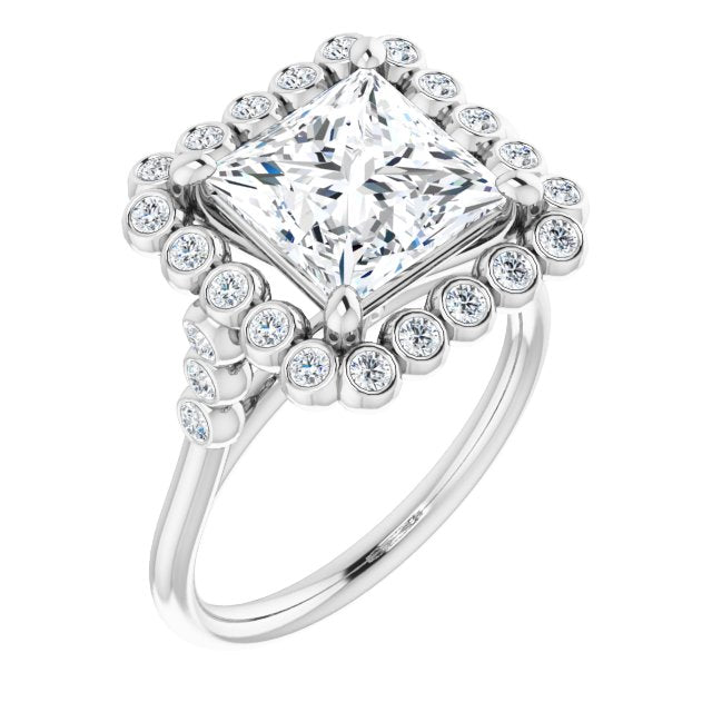 10K White Gold Customizable Princess/Square Cut Cathedral-Style Clustered Halo Design with Round Bezel Accents