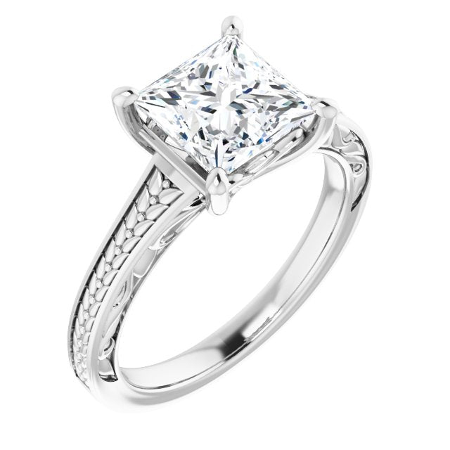 10K White Gold Customizable Princess/Square Cut Solitaire with Organic Textured Band and Decorative Prong Basket