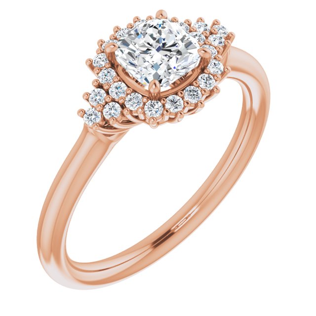 10K Rose Gold Customizable Cushion Cut Cathedral-Halo Design with Tri-Cluster Round Accents