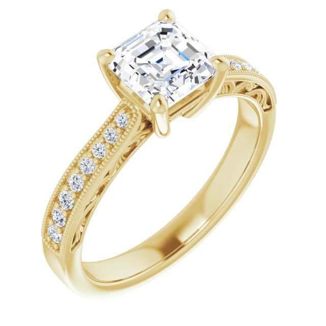 10K Yellow Gold Customizable Asscher Cut Design with Round Band Accents and Three-sided Filigree Engraving