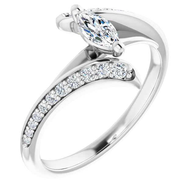 10K White Gold Customizable Marquise Cut Style with Artisan Bypass and Shared Prong Band