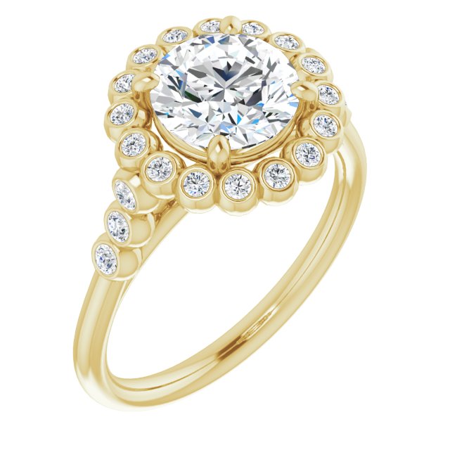 10K Yellow Gold Customizable Round Cut Cathedral-Style Clustered Halo Design with Round Bezel Accents