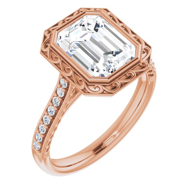 10K Rose Gold Customizable Cathedral-Bezel Emerald/Radiant Cut Design featuring Accented Band with Filigree Inlay