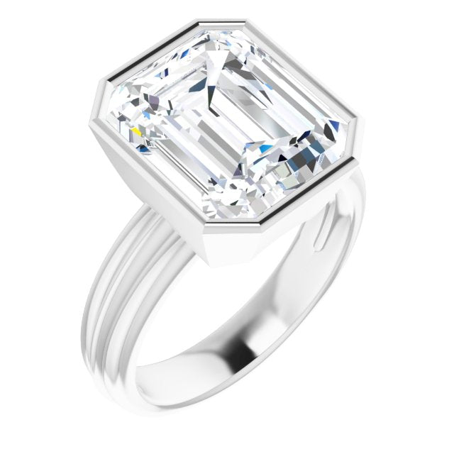 10K White Gold Customizable Bezel-set Emerald/Radiant Cut Solitaire with Grooved Band