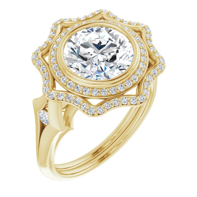 14K Yellow Gold Customizable Cathedral-bezel Round Cut Design with Floral Double Halo and Channel-Accented Split Band