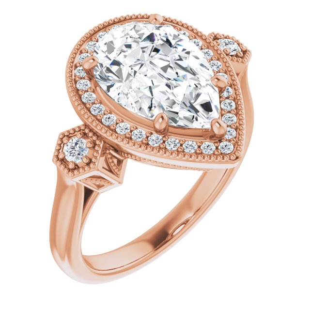 10K Rose Gold Customizable Cathedral Pear Cut Design with Halo and Delicate Milgrain
