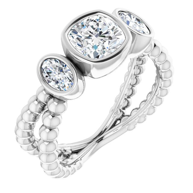 10K White Gold Customizable 3-stone Cushion Cut Design with 2 Oval Cut Side Stones and Wide, Bubble-Bead Split-Band