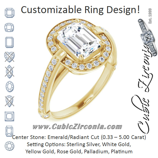 Cubic Zirconia Engagement Ring- The Ebba (Customizable High-Cathedral Emerald Cut Design with Halo and Shared Prong Band)