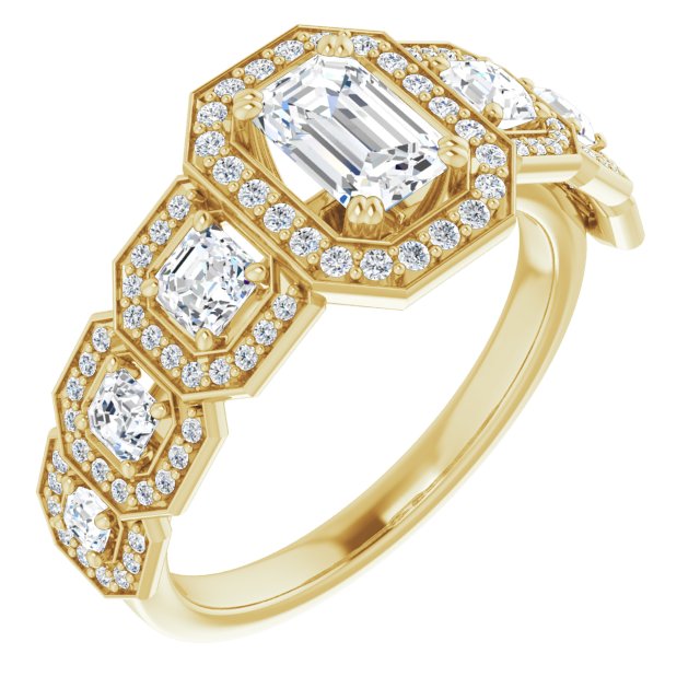 10K Yellow Gold Customizable Cathedral-Halo Emerald/Radiant Cut Design with Six Halo-surrounded Asscher Cut Accents and Ultra-wide Band