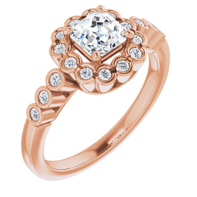 10K Rose Gold Customizable Asscher Cut Design with Round-bezel Halo and Band Accents