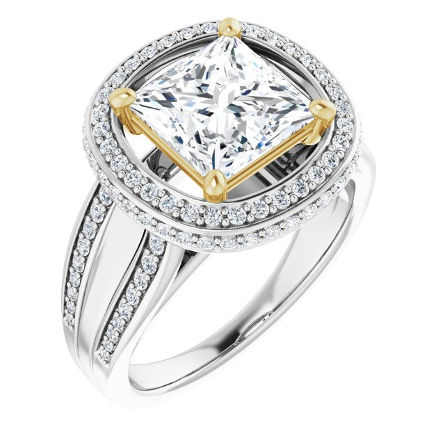 14K White & Yellow Gold Customizable Halo-style Princess/Square Cut with Under-halo & Ultra-wide Band
