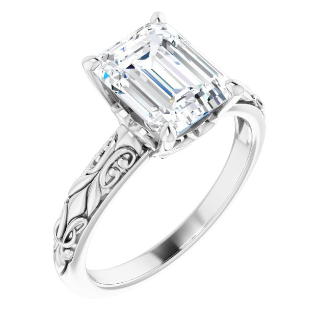 10K White Gold Customizable Emerald/Radiant Cut Solitaire featuring Delicate Metal Scrollwork