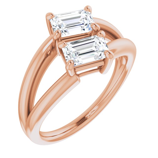 10K Rose Gold Customizable Two Stone Double Emerald/Radiant Cut Design with Split Bypass Band