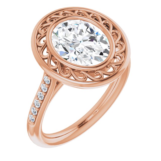 10K Rose Gold Customizable Cathedral-Bezel Oval Cut Design with Floral Filigree and Thin Shared Prong Band