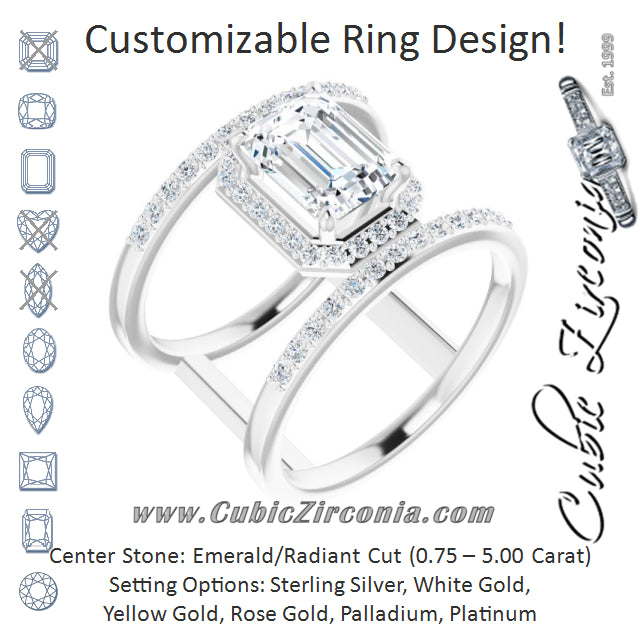 Cubic Zirconia Engagement Ring- The Jersey (Customizable Radiant Cut Halo Design with Open, Ultrawide Harness Double Pavé Band)