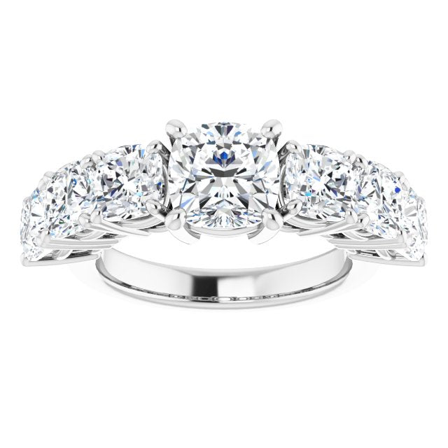 Cubic Zirconia Engagement Ring- The Xiomara (Customizable 7-stone Cushion Cut Design with Large Round-Prong Side Stones)