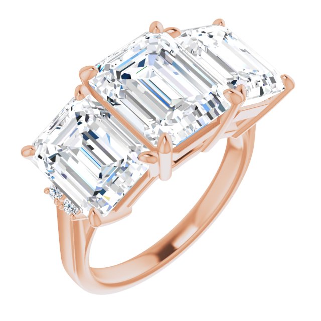 10K Rose Gold Customizable Triple Emerald/Radiant Cut Design with Quad Vertical-Oriented Round Accents