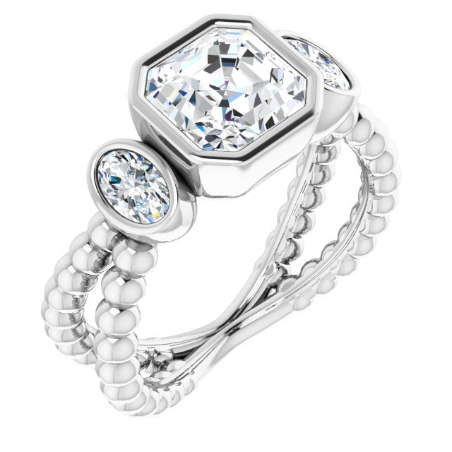 Cubic Zirconia Engagement Ring- The a'Malisa (Customizable 3-stone Asscher Cut Design with 2 Oval Cut Side Stones and Wide, Bubble-Bead Split-Band)