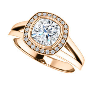 Cubic Zirconia Engagement Ring- The Blondie (Customizable Bezel-set Cathedral-style Cushion Cut with Halo Style and V-Split Band)