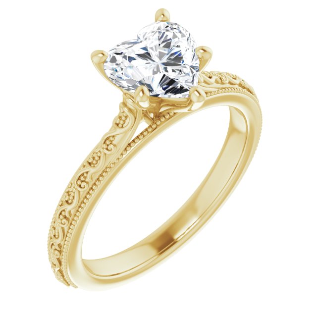10K Yellow Gold Customizable Heart Cut Solitaire with Delicate Milgrain Filigree Band