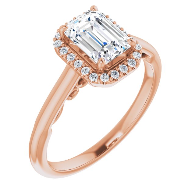 10K Rose Gold Customizable Cathedral-Halo Emerald/Radiant Cut Style featuring Sculptural Trellis
