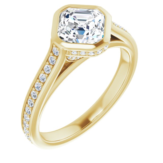 10K Yellow Gold Customizable Cathedral-Bezel Asscher Cut Design with Under Halo and Shared Prong Band