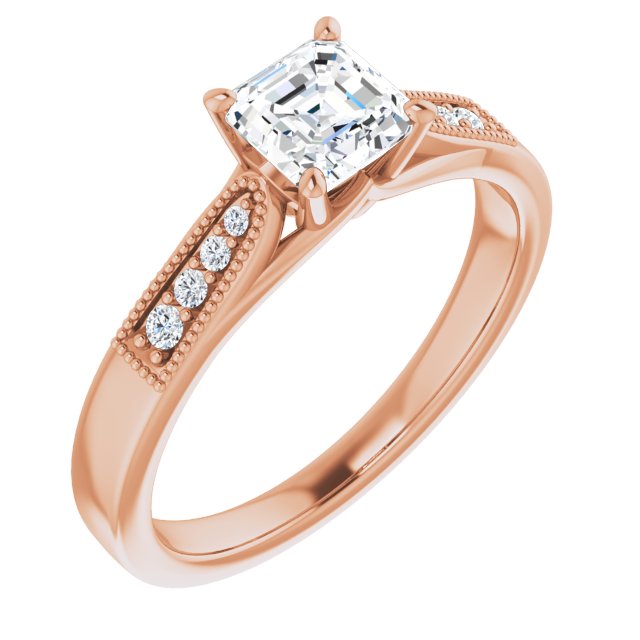 10K Rose Gold Customizable 9-stone Vintage Design with Asscher Cut Center and Round Band Accents