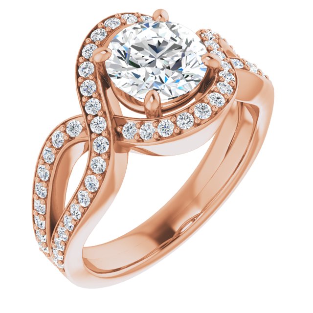 10K Rose Gold Customizable Round Cut Center with Infinity-inspired Split Shared Prong Band and Bypass Halo