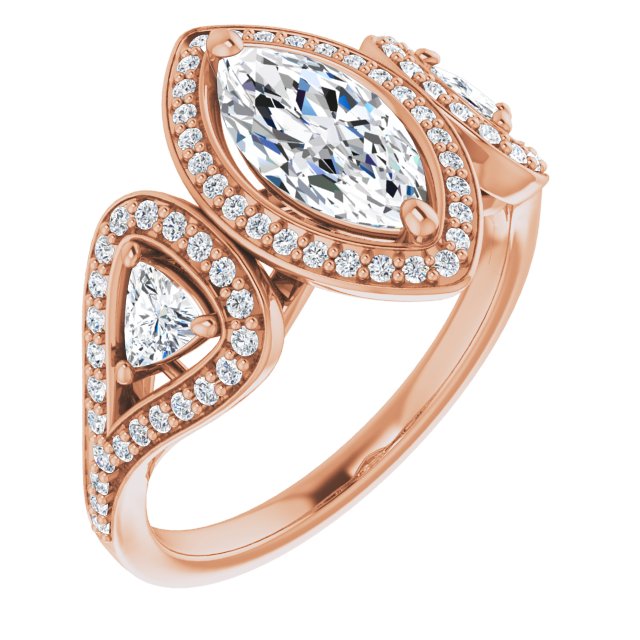 10K Rose Gold Customizable Cathedral-set Marquise Cut Design with 2 Trillion Cut Accents, Halo and Split-Shared Prong Band
