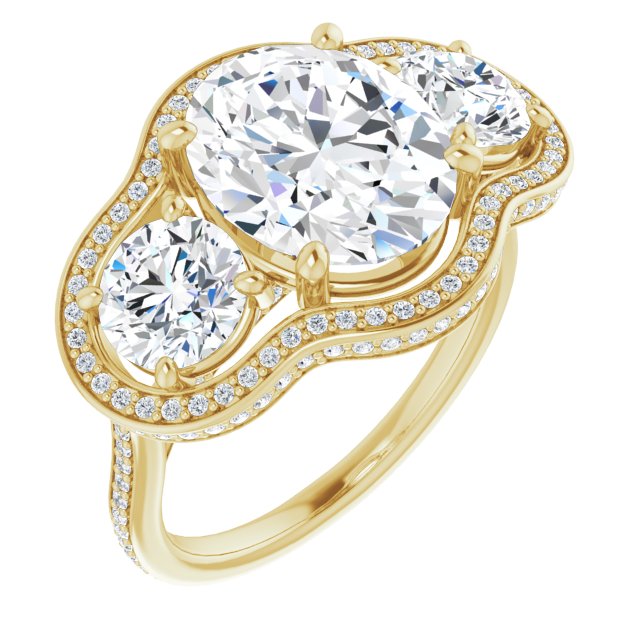 10K Yellow Gold Customizable 3-stone Oval Cut Design with Multi-Halo Enhancement and 150+-stone Pavé Band